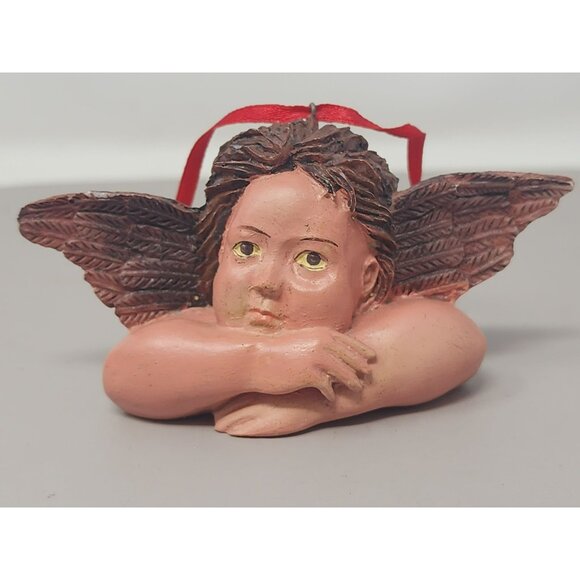 Set Of 3 Resin Angel Cherub Ornaments With Green Wings & Red Ribbon‎ Hangers - Picture 8 of 11